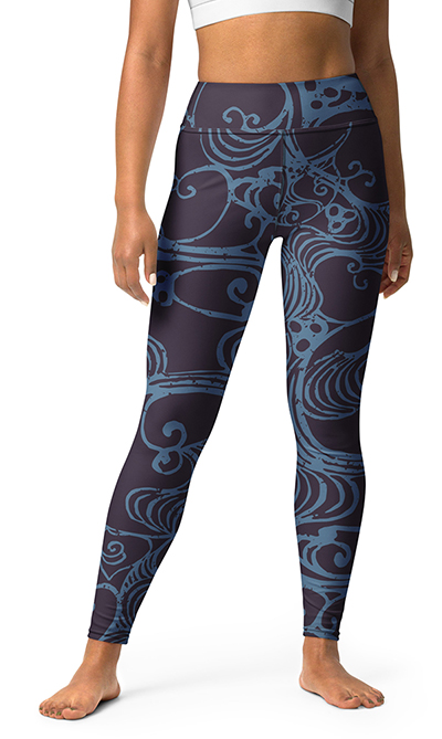 Ankle length yoga leggings with water spiral print in blue on purple background.